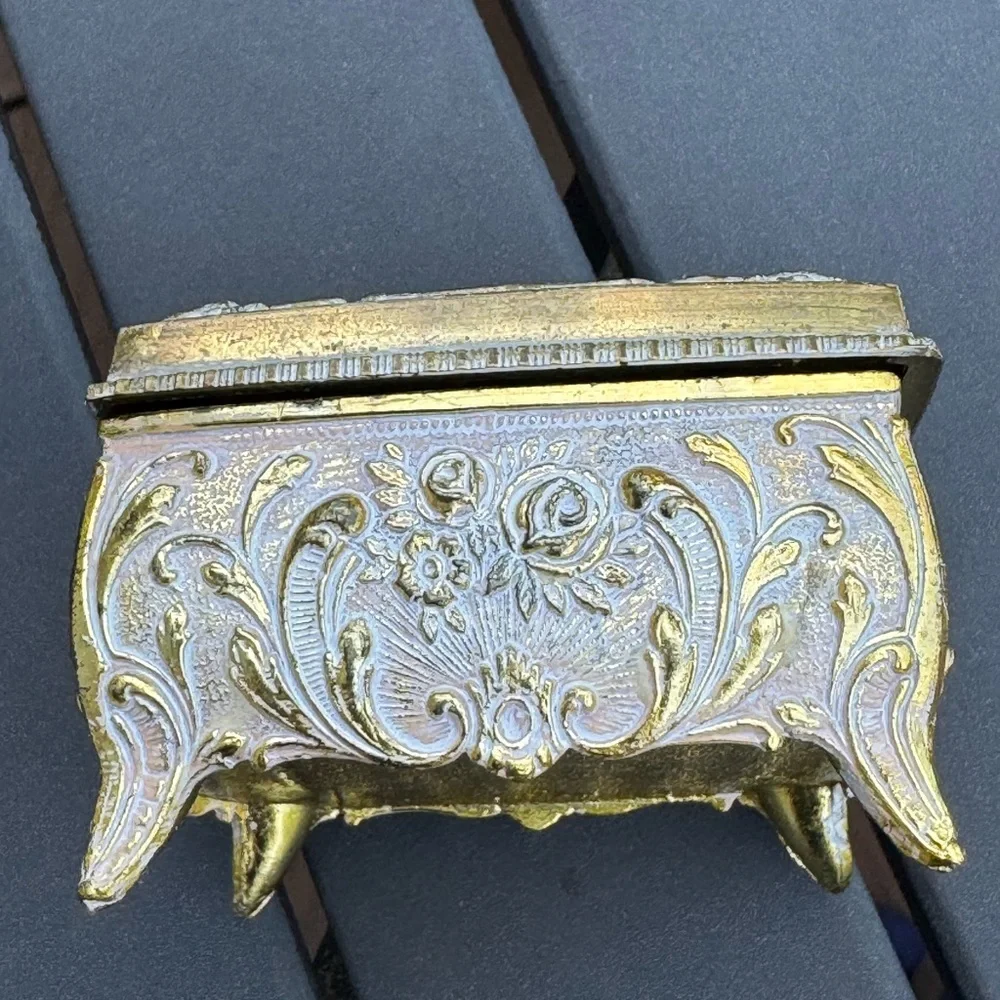 Vintage Footed Square Metal Jewelry Trinket Box Red Velvet Lined Japan